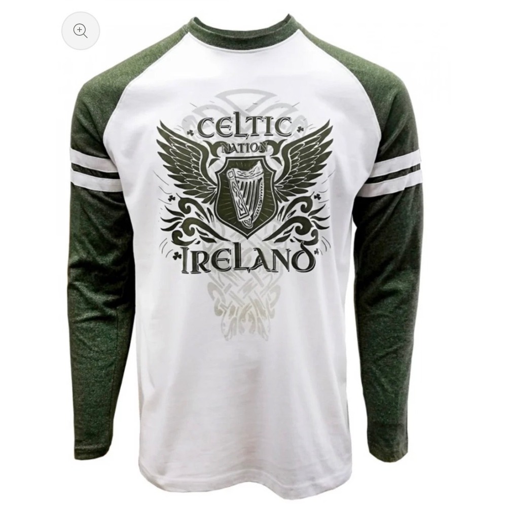 Traditional Craftwear Ireland Raglan‎ Tee Unisex Green White Celtic Harp NWT Med